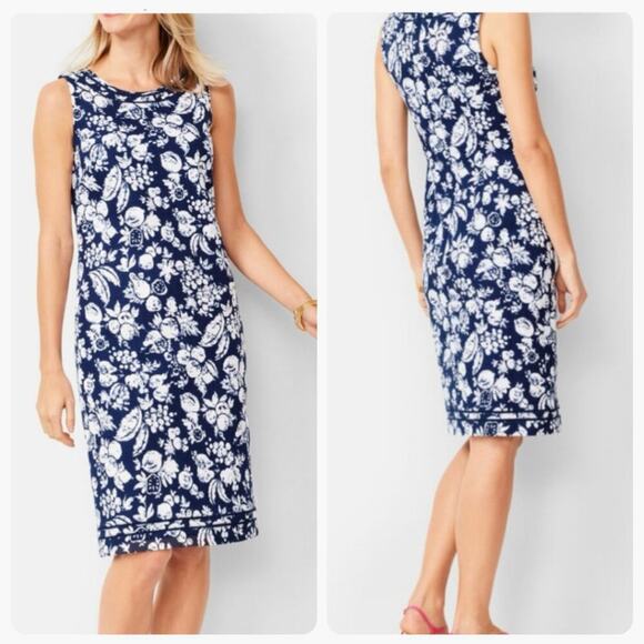 Talbots Mixed Fruit Cotton Textured Navy White Sleeveless Dress Women’s Size 14 - Picture 1 of 12